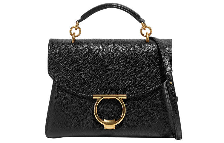 FERRAGAMO Gancini Classic Natural Grain Leather Handbag, Shoulder Bag Mini Women's Black