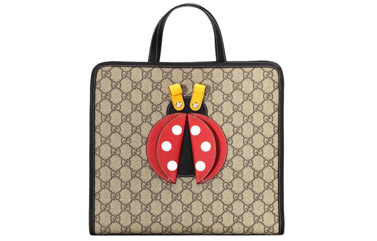 GUCCI Canvas With Leather Tote Bag, Shopping Bag, Portable Kids' Bag Regular Kids' Ebony/Red