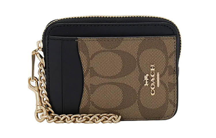COACH Card Case Canvas With Leather Clutch Coin Purse Women's Khaki Black