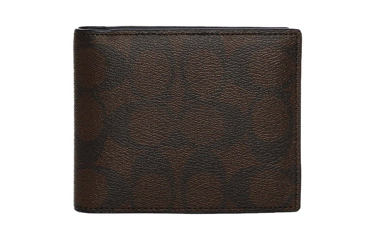 COACH 3 IN 1 Wallet Canvas With Leather Card Holder, Wallet Unisex Dark Brown Khaki