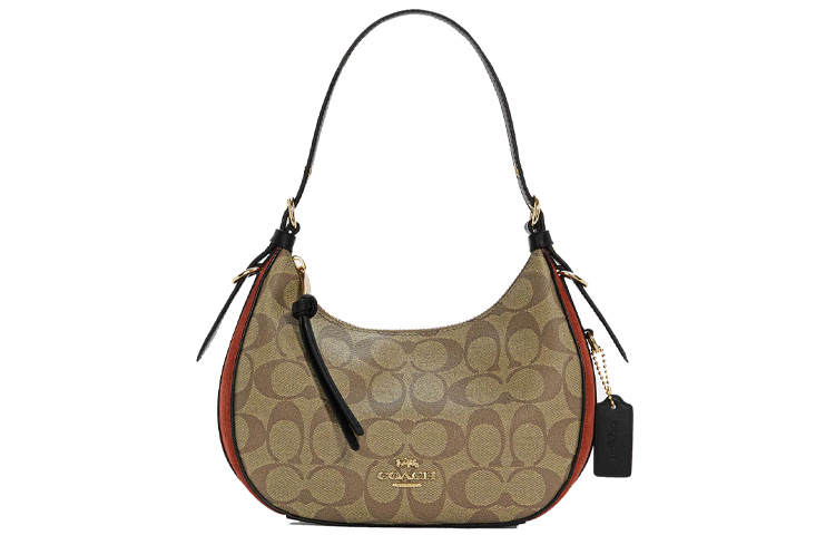 COACH Kleo Canvas With Leather Shoulder Bag, Portable Crossbody Bag Women's Khaki/Brick Red