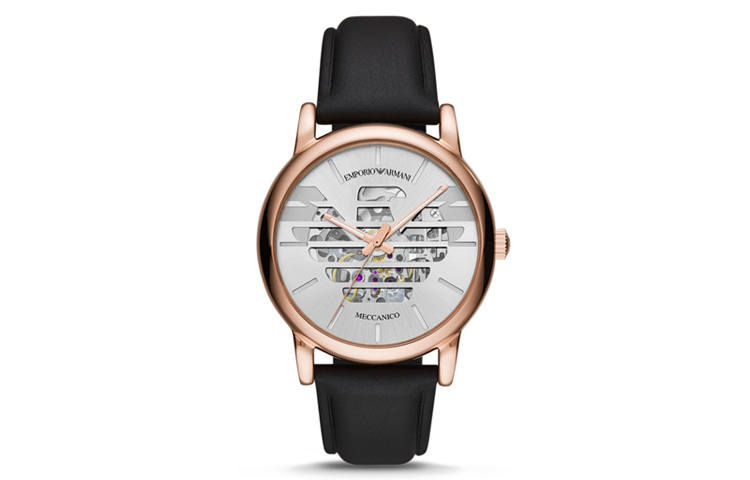 EMPORIO ARMANI Wrist Watches Automatic Mechanical Movement Leather Strap Silver Dial Men's Watches