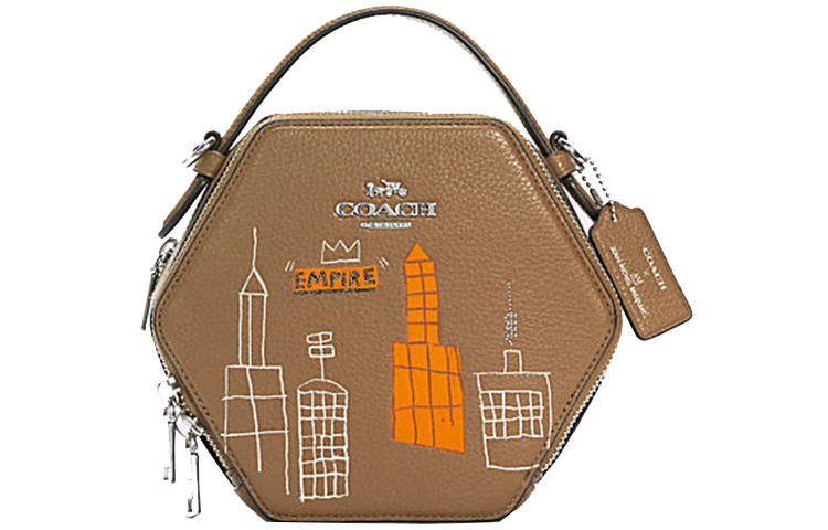 COACH X Basquiat Collaboration Hexagonal Pebble Texture PVC One Shoulder Handbag Women's Khaki