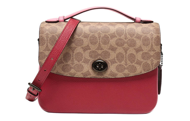 COACH Cassie Canvas With Leather Messenger Bag, Handbag, Shoulder Bag, Crossbody Bag Medium Women's Brown Yellow/Red