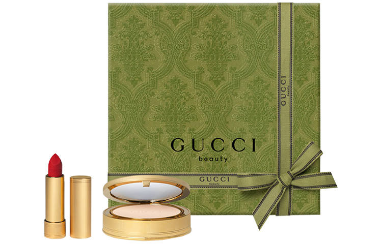 GUCCI Golden Tube Lipstick Powder Compact Box, Velvet Matte Lipstick With Soft Focus Powder Makeup Set
