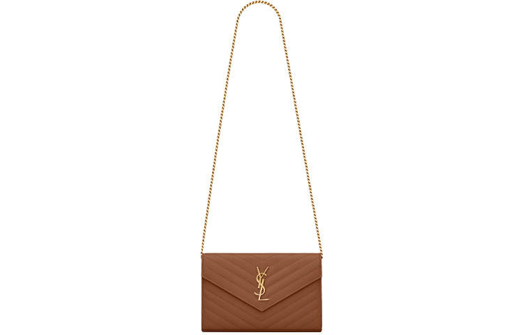 SAINT LAURENT Cassandre Grained Calfskin Wallet, Shoulder Bag, Crossbody Bag Women's Dark Natural Color/Brown