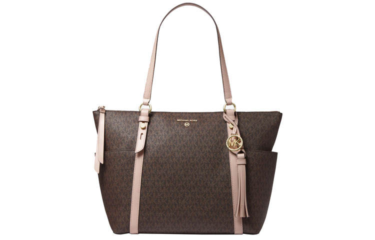 MICHAEL KORS Sullivan Cotton Tote Bag, Shopping Bag, Handbag Women's Dark Brown & Pink