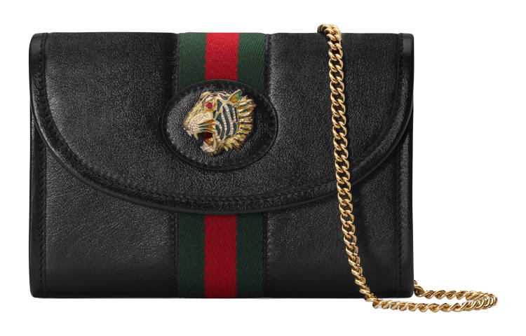 GUCCI Rajah Leather Chain Crossbody Bag, Shoulder Bag Women's Black