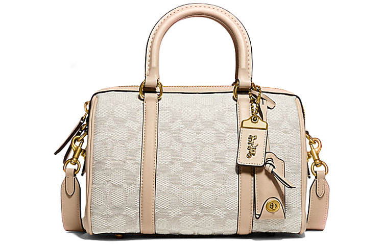 COACH Jacquard Fabric With Cow Leather Handbag, Boston Handbag, Shoulder Bag, Crossbody Bag Medium Women's Pink
