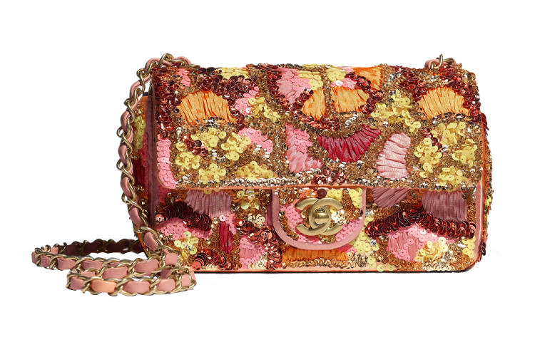 CHANEL Sequins Floral Glass Pearl Crossbody Bag, Shoulder Bag Mini Women's Pink Orange