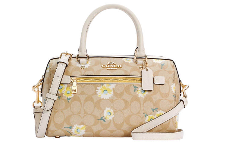 COACH Rowan Leather Boston Bag, Handbag, Shoulder Bag, Crossbody Bag Large Women's Khaki Monogram