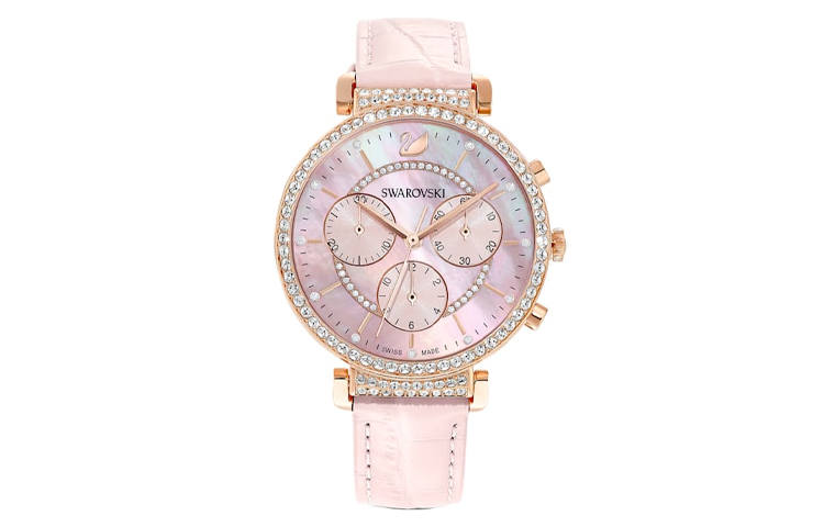 Swarovski UptownPassage Chrono Wrist Watches Quartz Movement Cow Leather Strap Pink Watch Dial Women's Watch
