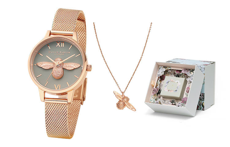 OLIVIA·BURTON Wrist Watches Quartz Movement Leather Strap Gray Dial Women's Watch Women's Bee Necklace Set