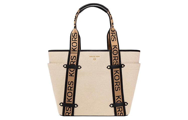MICHAEL KORS Polyester With Cotton Tote Bag, Shopping Bag, Shoulder Bag, Handbag Regular Women's Beige & Black