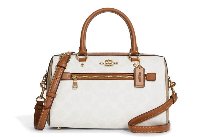COACH Rowan Canvas With Leather Boston Bag, Shoulder Bag, Crossbody Bag, Handbag Large Women's White Brown