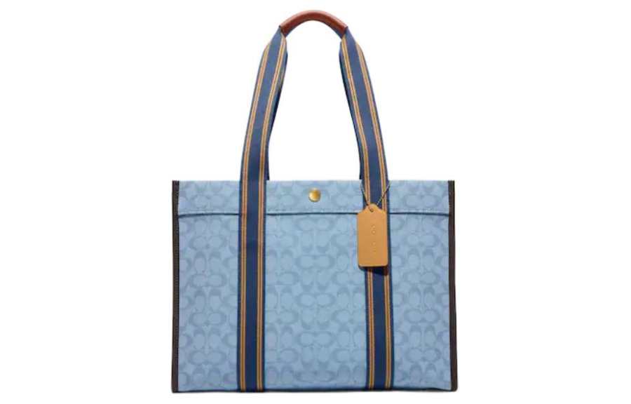 COACH Spin Iconic Jacquard With Smooth Leather Tote Bag, Shoulder Bag, Handbag Large Women's Blue & Brown