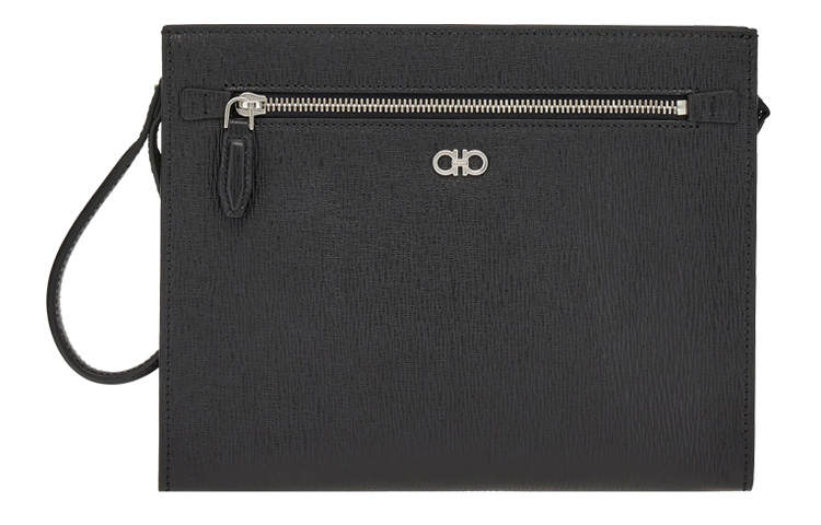 FERRAGAMO Gancini Zip Closure Cow Leather Clutch Regular Men's Black