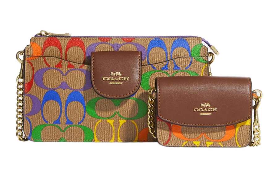 COACH POPPY Coated Canvas With Smooth Leather Crossbody Bags Small Women's Brown Rainbow