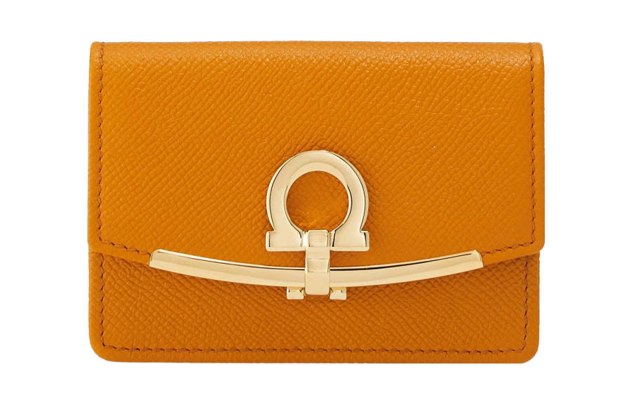 FERRAGAMO Gancini Hammered Texture Cow Leather Business Card Holder Women's Orange