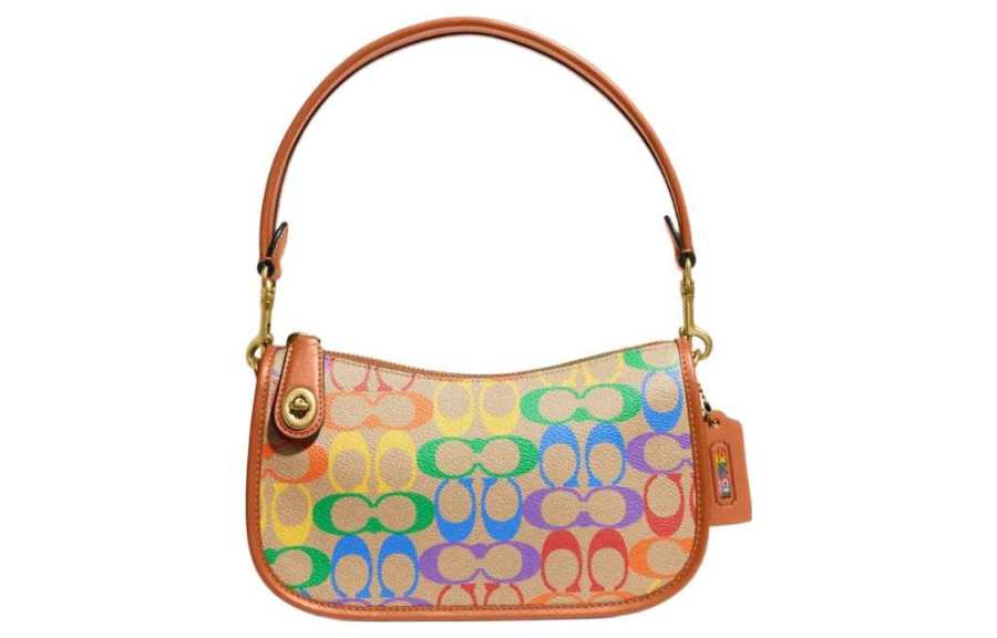 COACH Swinger Coated Canvas Pochette Shoulder Bag, Handbag, Shoulder Bag, Crossbody Bag Women's Brown Rainbow