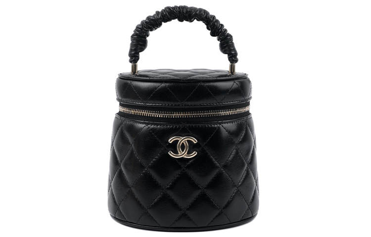 CHANEL Shiny Lambskin Makeup Bag Handbag Large Women's Black