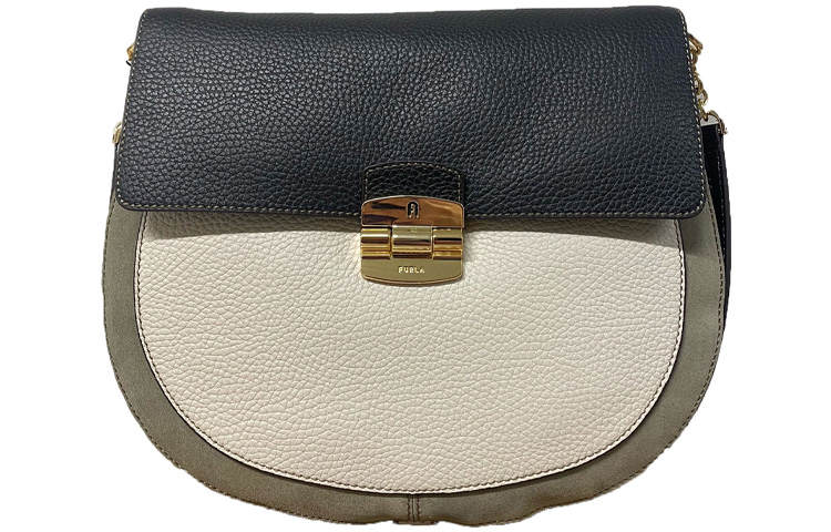 Furla Club 2 Leather Saddle Bag, Crossbody Bag, Shoulder Bag Small Women's Black & Beige