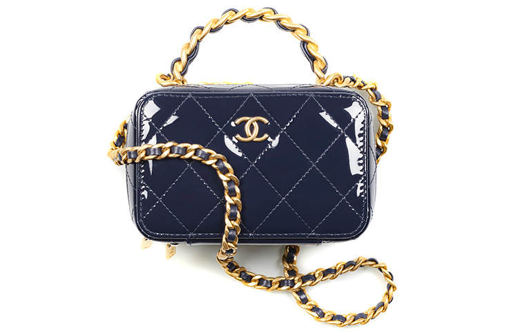 CHANEL Lacquered Finish Calfskin Makeup Bag, Shoulder Bag, Crossbody Bag, Handbag Women's Blue