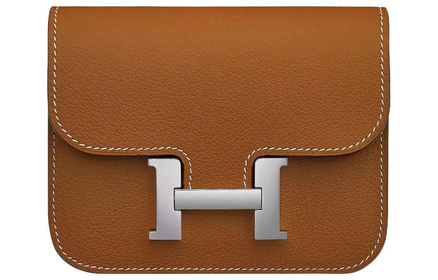 HERMES Constance Slim Silver Tone Buckle Evercolor Calfskin Wallet, Card Holder, Fanny Pack Women's 37 Gold Brown