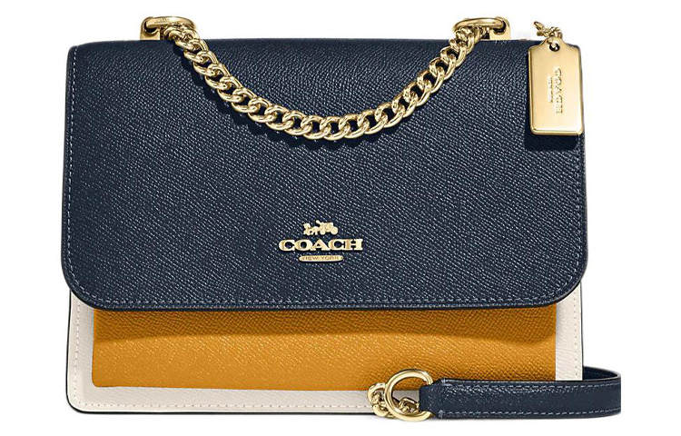 COACH Klare Leather Trunk Bag, Shoulder Bag, Crossbody Bag Small Women's Navy Blue & Yellow