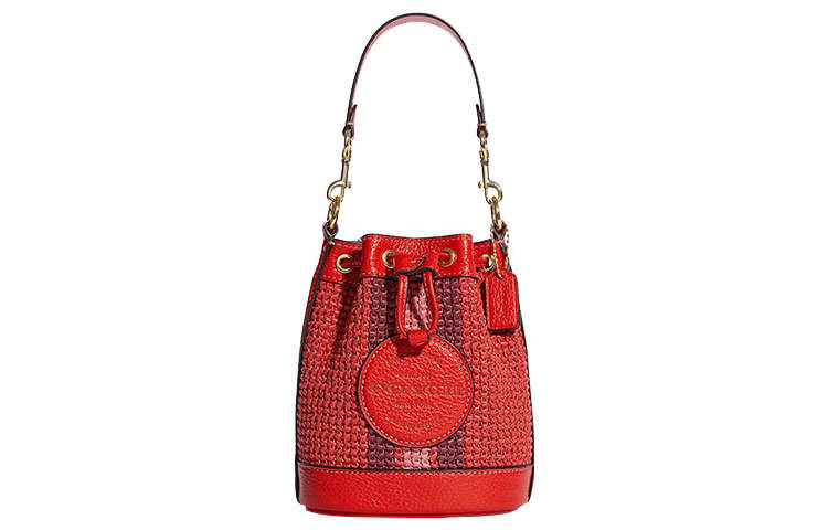 COACH Dempsey Straw With Leather Bucket Bag, Handbag, Shoulder Bag, Crossbody Bag Mini Women's Miami Red