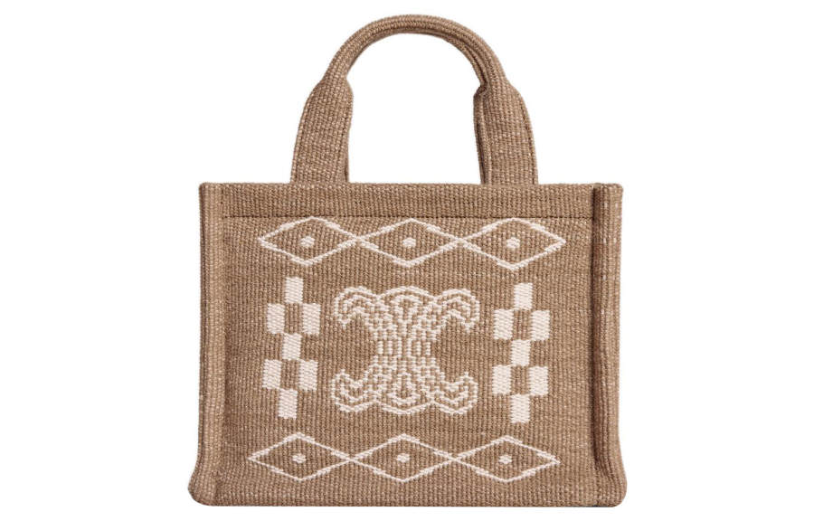 CELINE Cabas Textile, Cow Leather Tote Bag, Shopping Bag, Handbag Small Women's Beige White