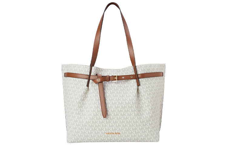 MICHAEL KORS Emilia Leather Tote Bag, Shopping Bag, Shoulder Bag, Handbag Women's Vanilla White/Leather Brown