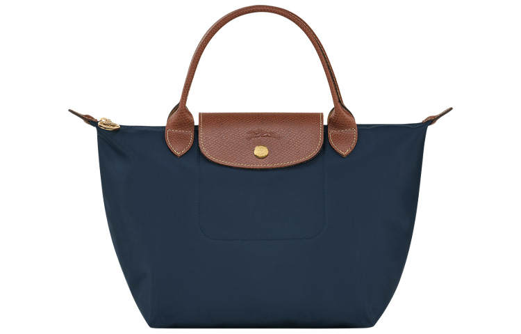 LONGCHAMP Le Pliage Recycled Polyamide Canvas Cow Leather Trim Handbag Women's Navy Blue