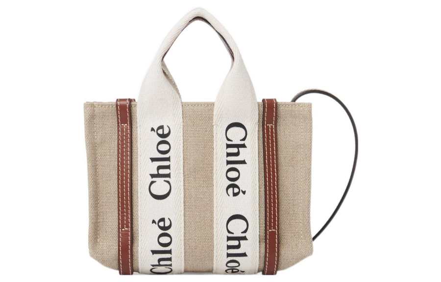 Chloé Chloe Collection Woody Linen Canvas With Calfskin Tote Bag, Shopping Bag, Shoulder Bag, Crossbody Bag, Handbag Mini
