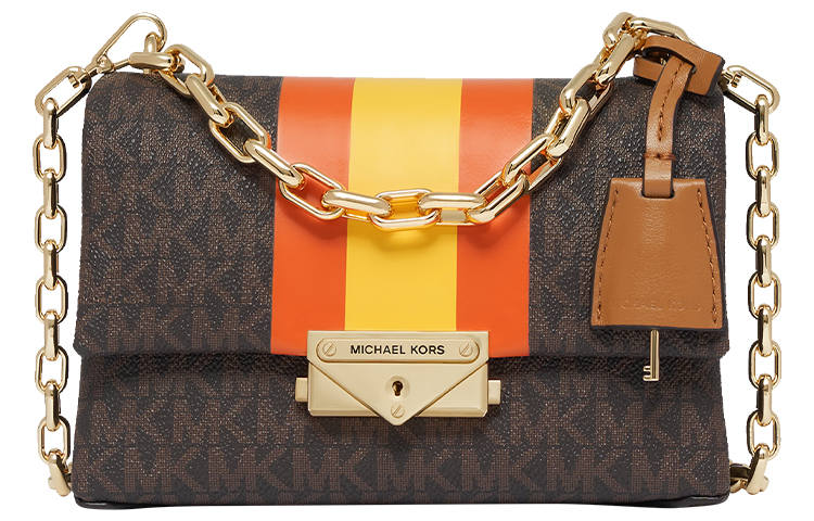 MICHAEL KORS Cece Cow Leather Shoulder Bag, Crossbody Bag Extra Small Women's Dark Brown & Brown & Orange Red & Yellow