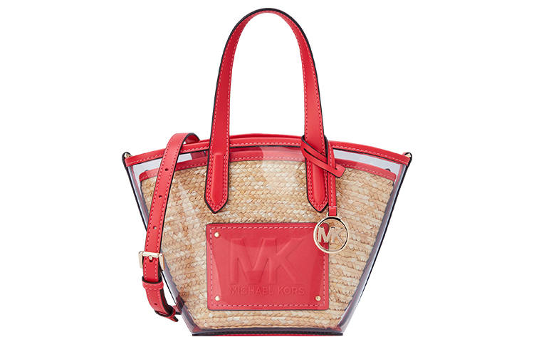 MICHAEL KORS Kimber Leather Tote Bag, Shopping Bag, Shoulder Bag, Handbag Small Women's Transparent & Coral Red