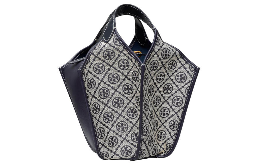 TORY BURCH T Monogram Jacquard Leather Trim Handbag Women's Marine Blue
