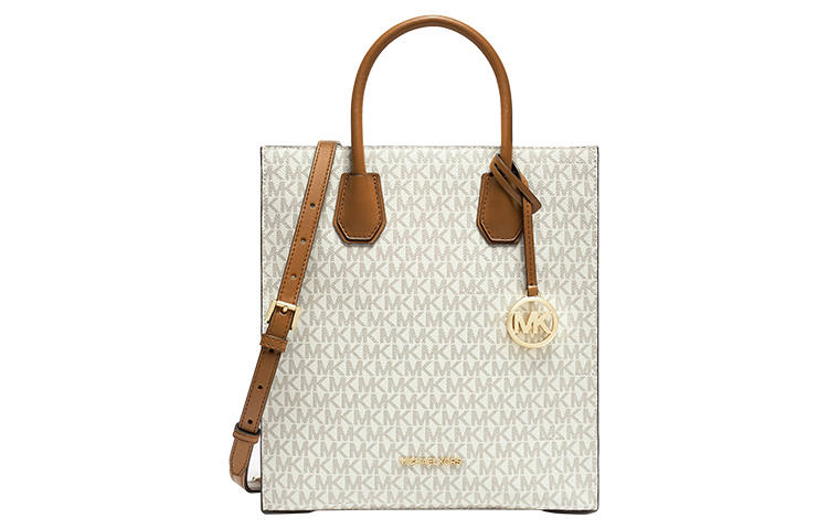 MICHAEL KORS Mercer Leather Tote Bag, Shopping Bag, Shoulder Bag, Handbag Medium Women's Vanilla White & Brown