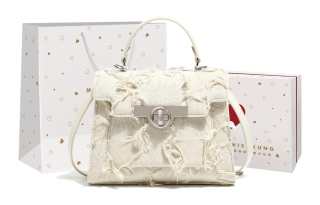 Miss Kung Embroidered Denim Chain Bag, Kelly Bag, Crossbody Handbag Medium Women's Ecru