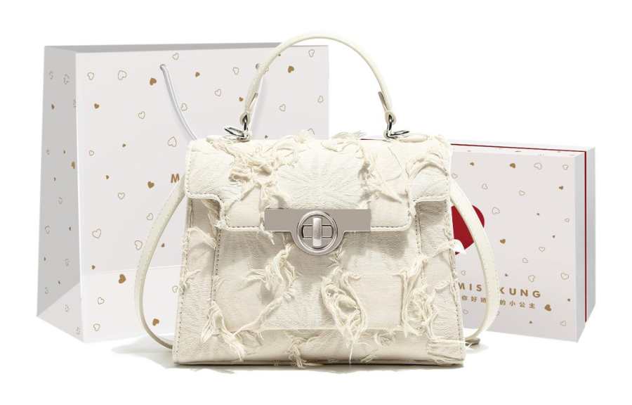 Miss Kung Embroidered Denim Chain Bag, Kelly Bag, Crossbody Handbag Medium Women's Ecru