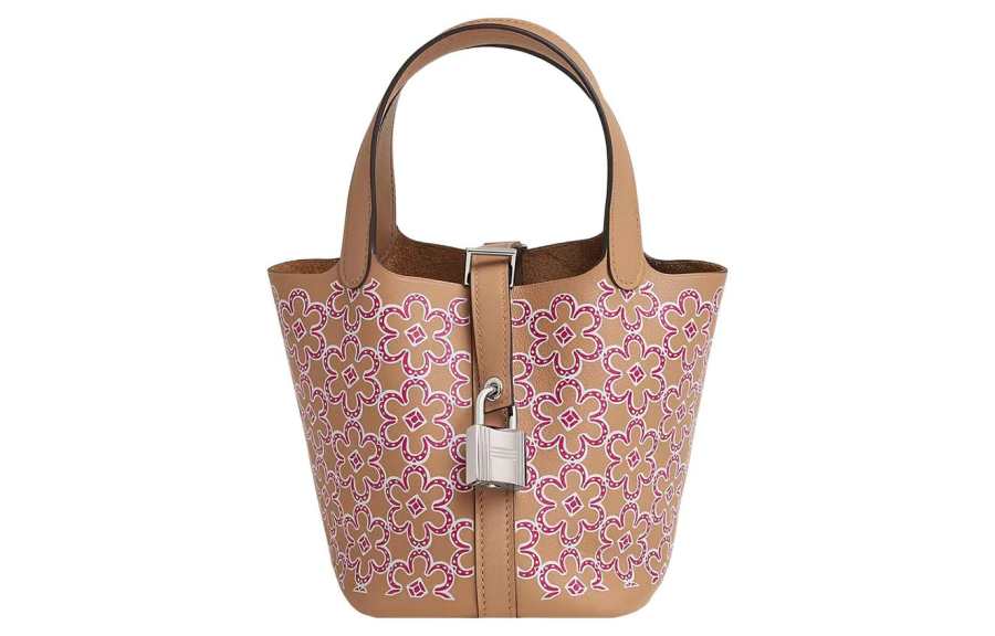 HERMES Picotin Lock Swift Calfskin Basket Bag, Bucket Bag, Handbag 14 Women's Tea Brown/Rose Pink/White