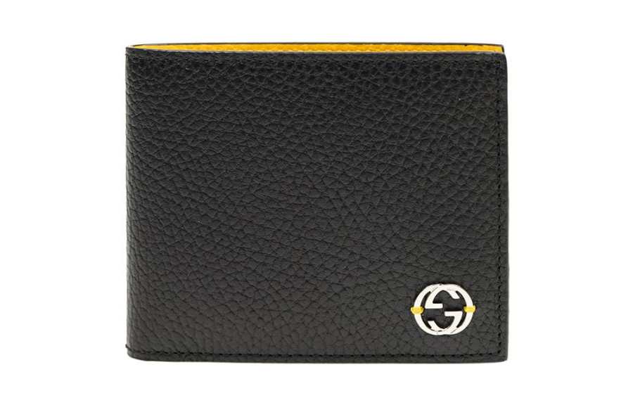 GUCCI Litchi Grain Cow Leather Wallet Men's Black & Yellow