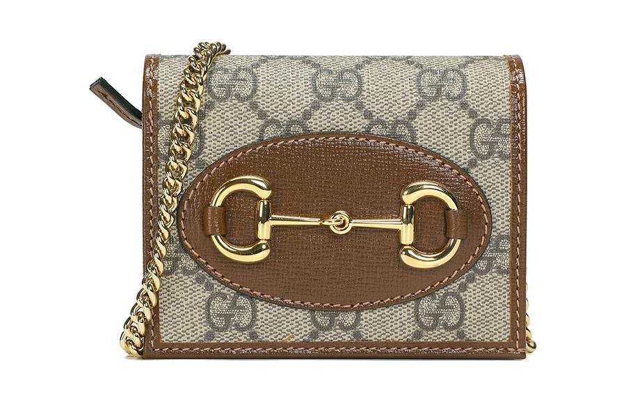 GUCCI Horsebit 1955 Canvas With Leather Chain Bag Card Holder, Wallet Regular Women's Ebony/Brown