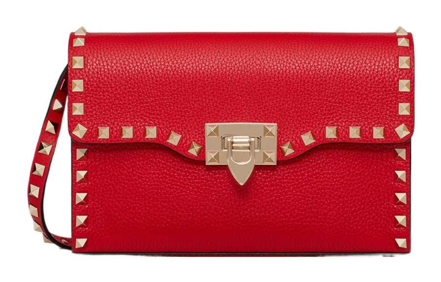 Valentino Rockstud Calfskin Messenger Bag Shoulder Bag, Crossbody Bag Women's Red