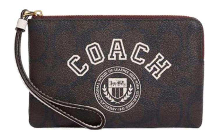 COACH Corner Zip Artificial Leather Wrist Bag Clutch Small Women's Brown & Chalk White