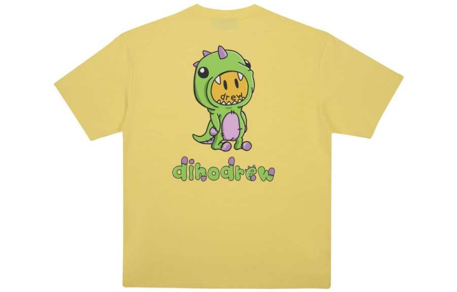 Drew house Dinosaur Collection T Shirts Men's Light Yellow Crew Neck Moderate Straight Fit