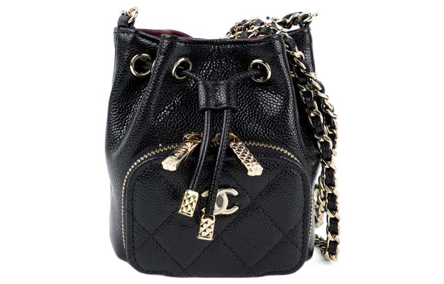CHANEL Mini Bucket Bag With Chain Grained Calfskin Gold Black