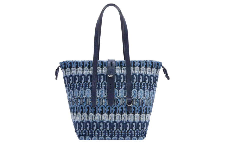 Furla Net Collection Jacquard Fabric With Grain Calfskin Tote Bag, Shopping Bag, Handbag Medium Women's Blue