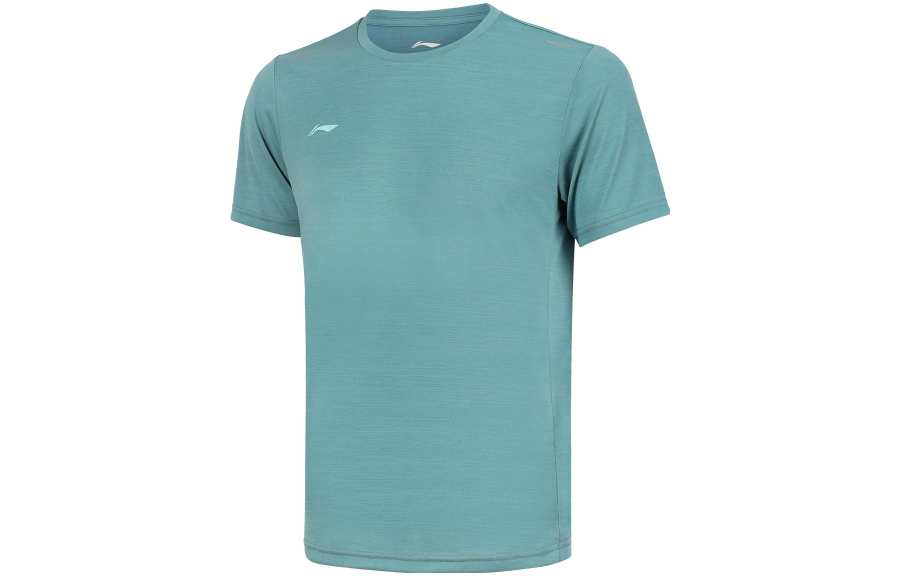 Li-Ning Li Ning T Shirts Men's Lake Blue Crew Neck Moderate Straight Fit