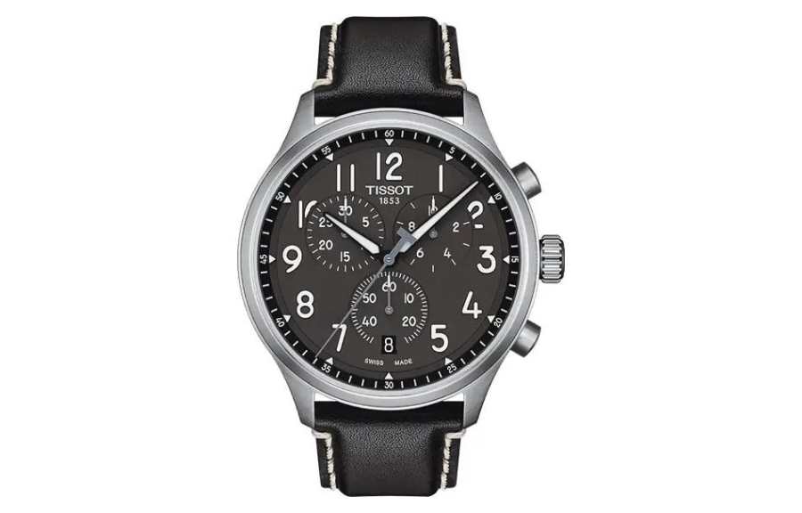 TISSOT Quartz Movement 100m Waterproof Men's Watch 45mm Black Dial Steel Watch Case Genuine Leather Strap
